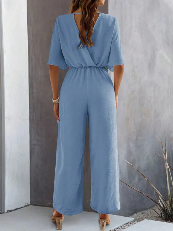 Women's Short-Sleeved Solid Color Temperament Casual Wide-leg Jumpsuit