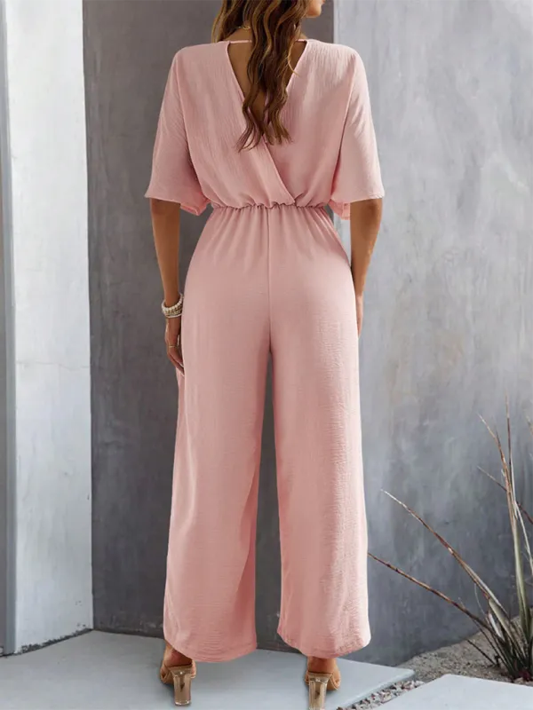 Women's Short-Sleeved Solid Color Temperament Casual Wide-leg Jumpsuit