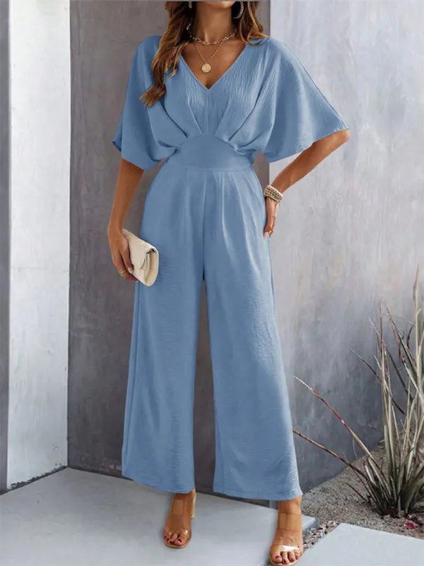 Women's Short-Sleeved Solid Color Temperament Casual Wide-leg Jumpsuit