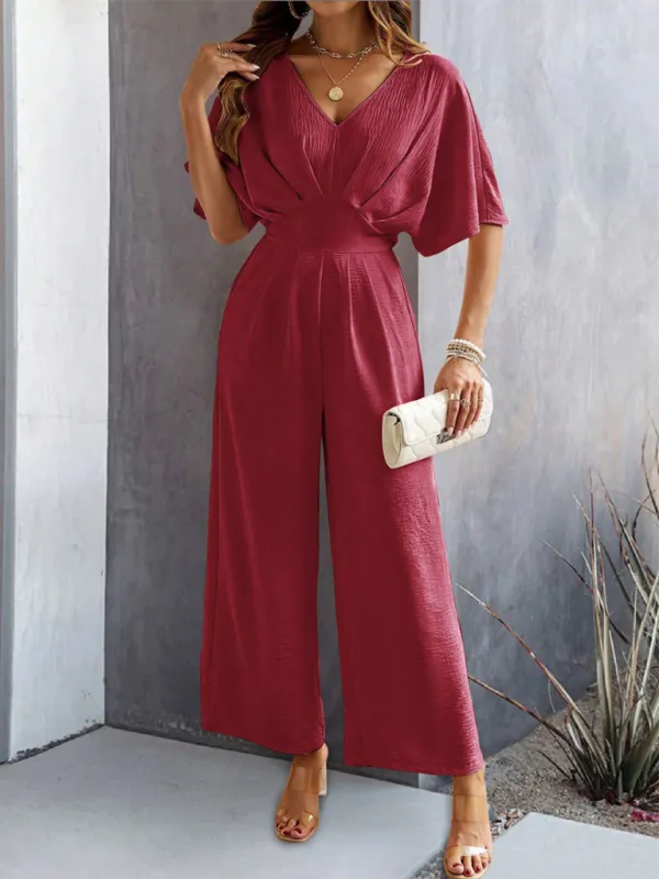 Women's Short-Sleeved Solid Color Temperament Casual Wide-leg Jumpsuit