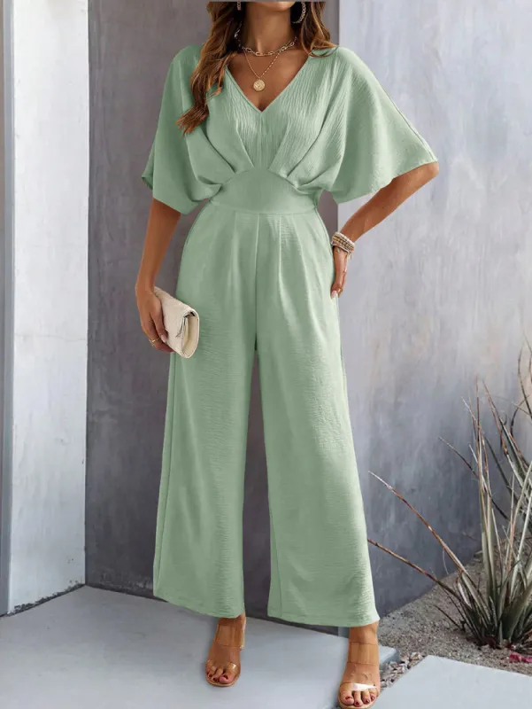 Women's Short-Sleeved Solid Color Temperament Casual Wide-leg Jumpsuit