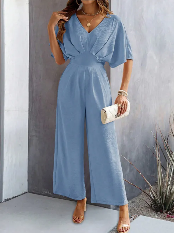 Women's Short-Sleeved Solid Color Temperament Casual Wide-leg Jumpsuit