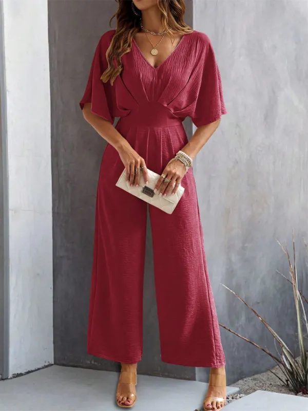 Women's Short-Sleeved Solid Color Temperament Casual Wide-leg Jumpsuit