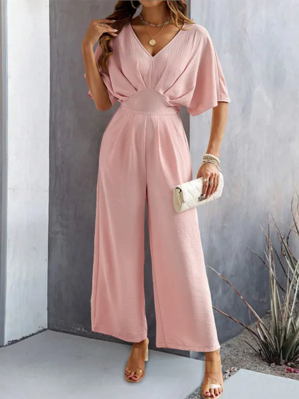 Women's Short-Sleeved Solid Color Temperament Casual Wide-leg Jumpsuit