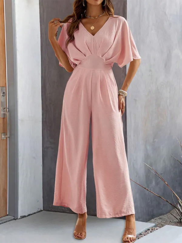 Women's Short-Sleeved Solid Color Temperament Casual Wide-leg Jumpsuit