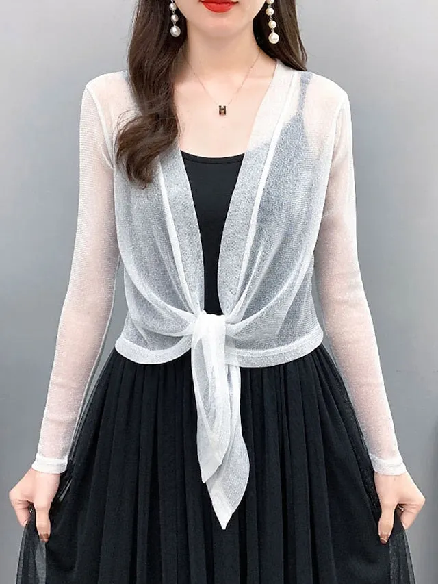 Women's Shrug Jumper Ribbed Knit Lace up Glitter Solid Color V Neck Shrugs Stylish Outdoor Daily Summer Spring Black White M L XL