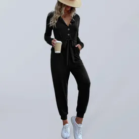 Women's Solid Color Button-up Front Waist Tie Jumpsuit