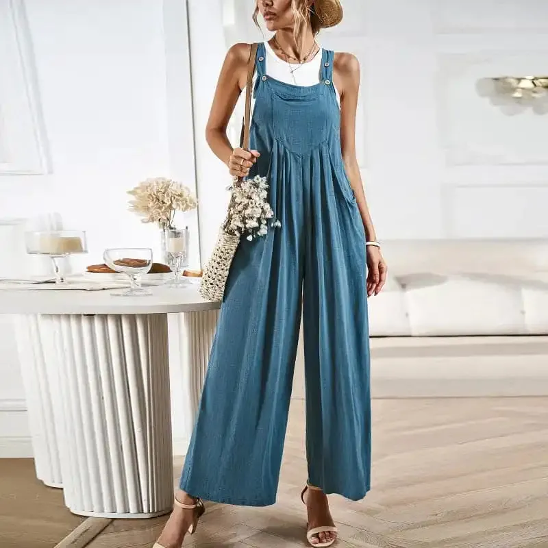 Women’s solid color casual all-match loose wide-leg jumpsuit