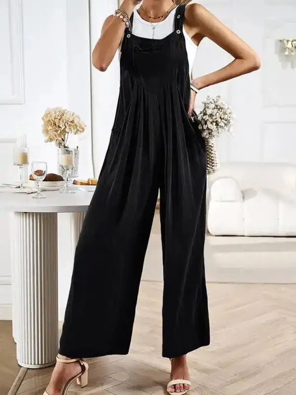 Women’s solid color casual all-match loose wide-leg jumpsuit