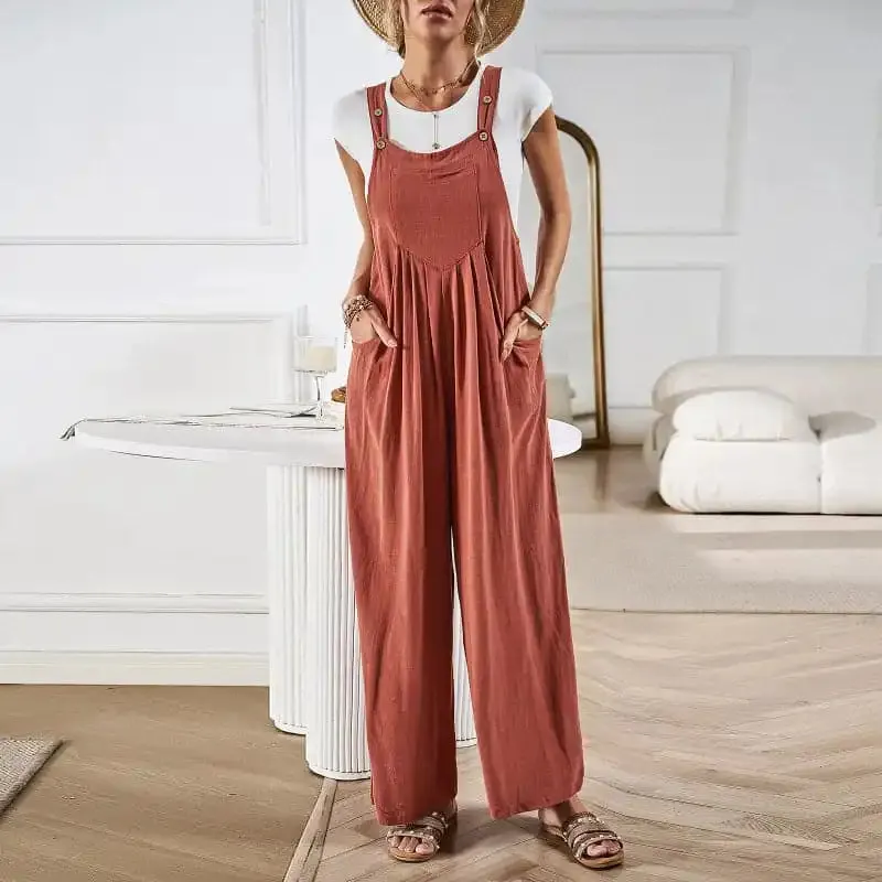 Women’s solid color casual all-match loose wide-leg jumpsuit