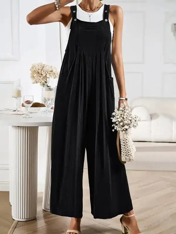 Women’s solid color casual all-match loose wide-leg jumpsuit