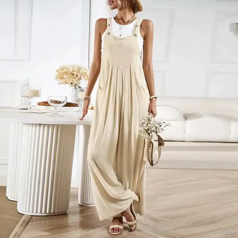 Women’s solid color casual all-match loose wide-leg jumpsuit