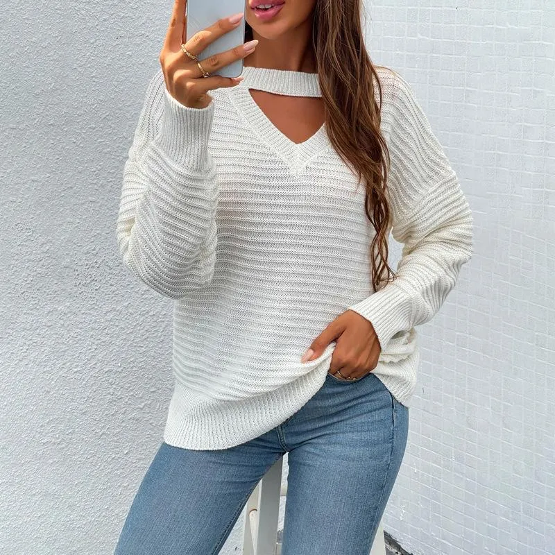 Women's solid color sexy chest hollow sweater