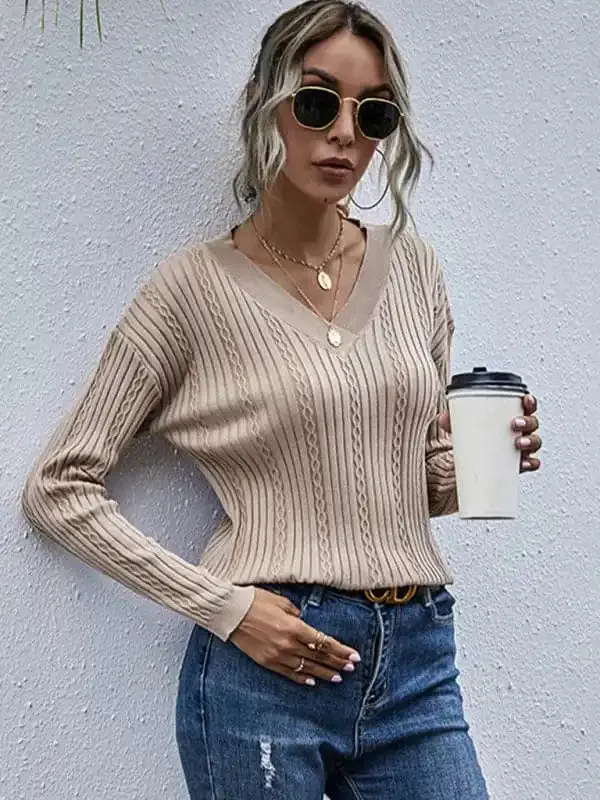 women’s solid color twisted v-neck knitted forest sweater