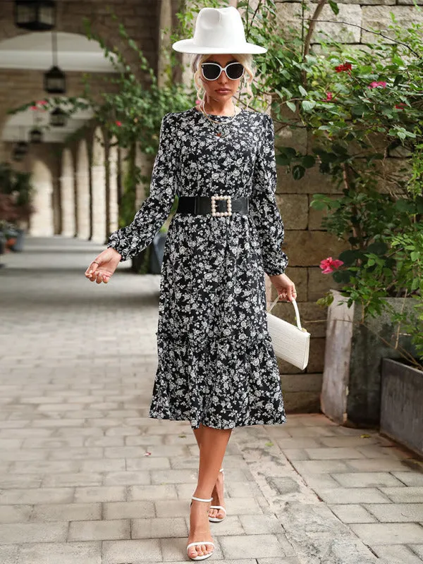 Women's temperament long-sleeved black floral dresses