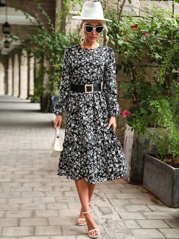 Women's temperament long-sleeved black floral dresses