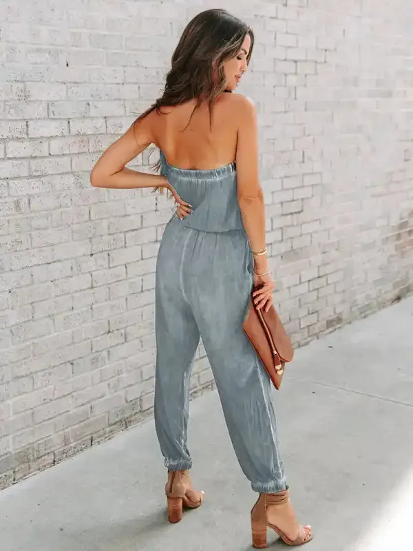 Women’s Wrapped Chest Washed Distressed Lace-Up Jumpsuit