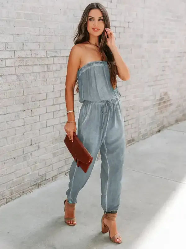 Women’s Wrapped Chest Washed Distressed Lace-Up Jumpsuit