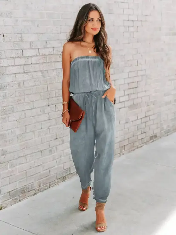 Women’s Wrapped Chest Washed Distressed Lace-Up Jumpsuit