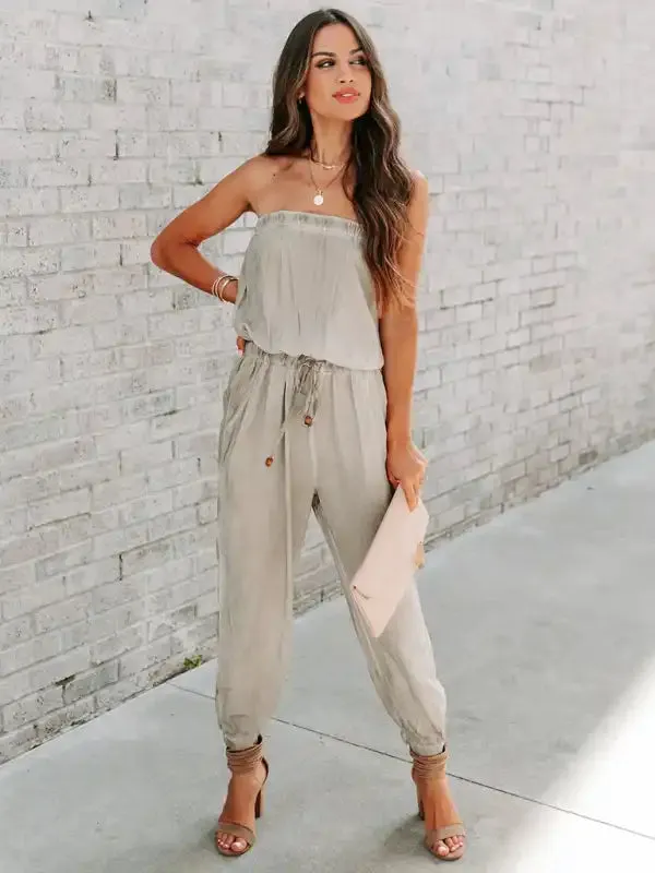 Women’s Wrapped Chest Washed Distressed Lace-Up Jumpsuit