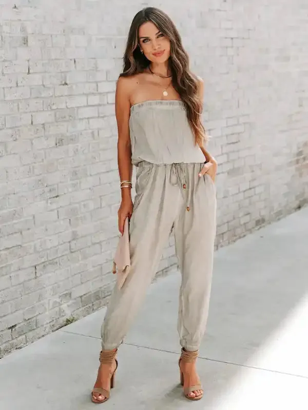 Women’s Wrapped Chest Washed Distressed Lace-Up Jumpsuit