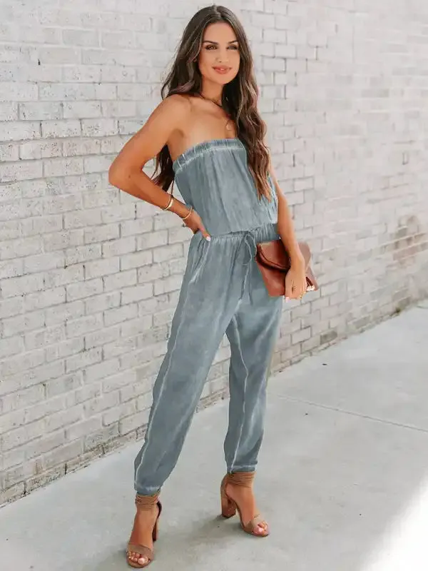 Women’s Wrapped Chest Washed Distressed Lace-Up Jumpsuit