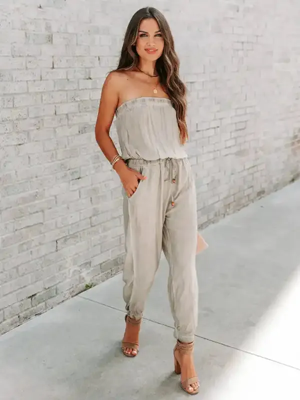 Women’s Wrapped Chest Washed Distressed Lace-Up Jumpsuit