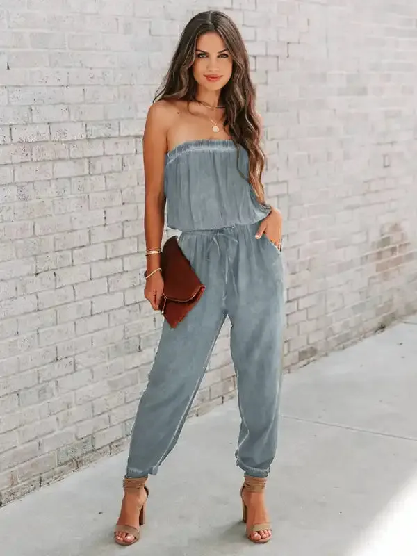 Women’s Wrapped Chest Washed Distressed Lace-Up Jumpsuit